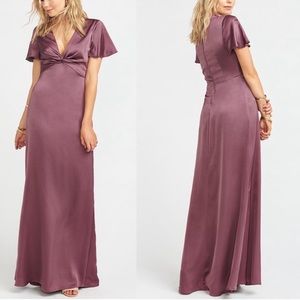 Show Me Your Mumu NWT Rome Twist Gown Dusty Plum Luxe Satin Flutter Sleeve S